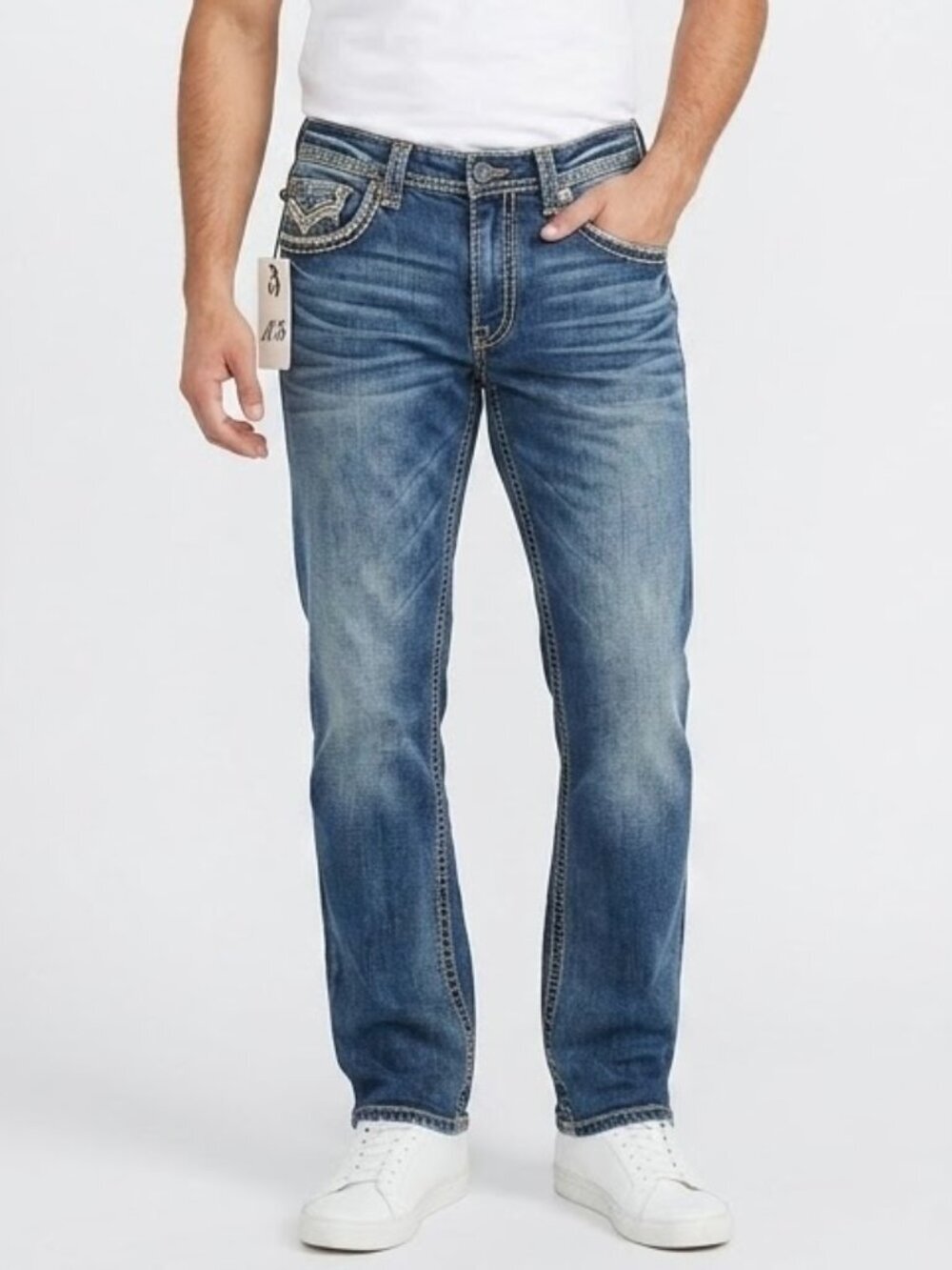 M75 Frank Mechaly Jeans Mens Size 38 Straight Leg Distressed Button Fly Stretch